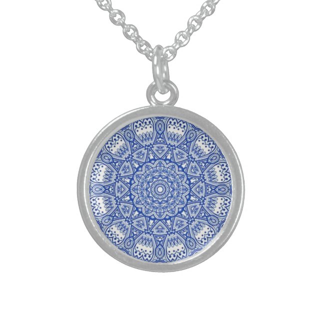 Blue Mandela Flower Woman's Charm Pendant Necklace (Front)