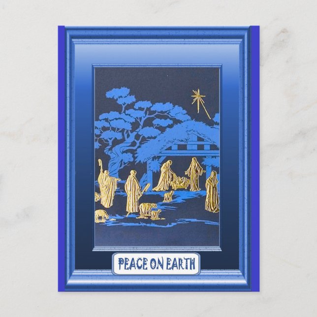 Blue manger scene holiday postcard (Front)