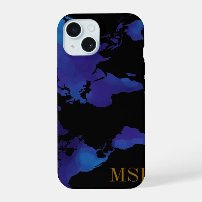 Blue Map of World with Initials Iphone Case (Back)