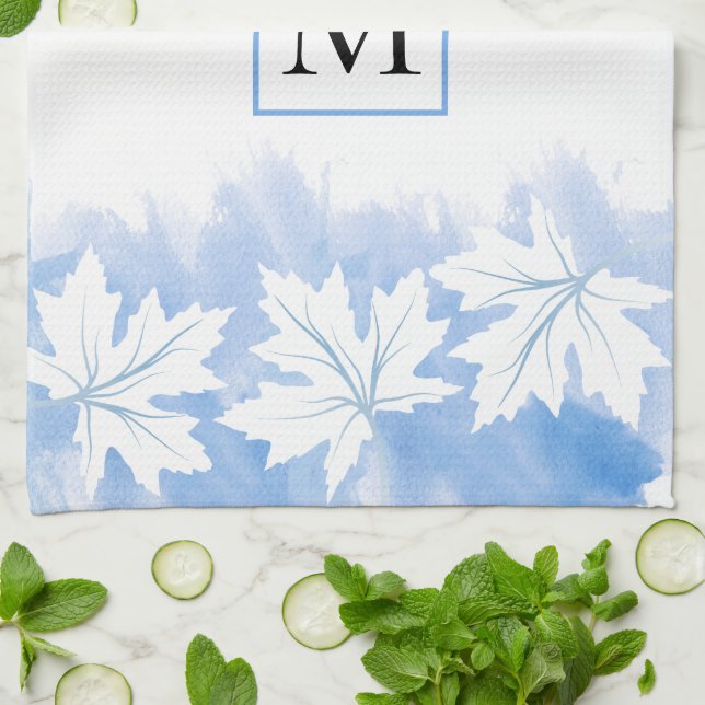 Blue maple leaf watercolor wash and monogram kitchen towel (Folded)