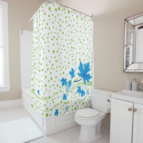 Blue maple leaves and green polka dots modern shower curtain