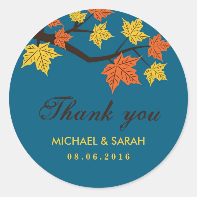 Blue Maple Leaves Fall Wedding Thank You Sticker (Front)