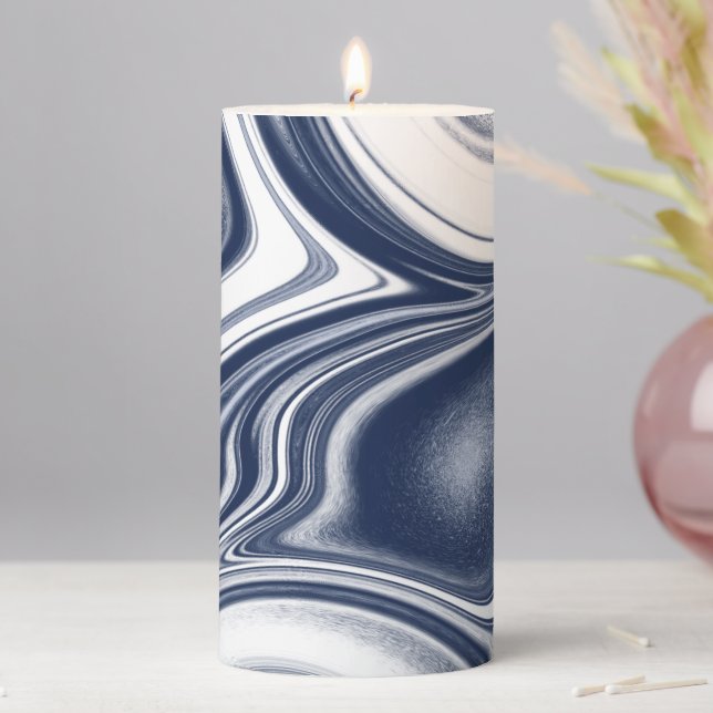 Blue marbeled pattern pillar candle (In Situ)