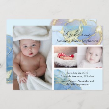 Blue Marble 3 Photo Boy Baby Birth Announcement by CustomInvites at Zazzle