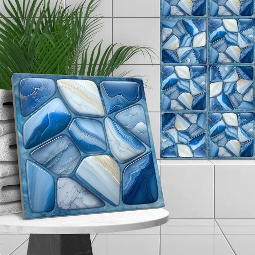 Blue Marble Abstract Cellular Art Ceramic Tile