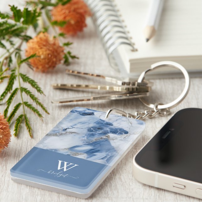 blue marble abstract coastal pattern keychain (Front Right)