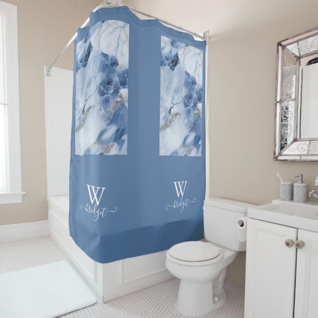 blue marble abstract coastal pattern shower curtain (In Situ)