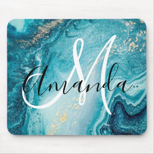 Blue Marble Abstract Monogram Mouse Pad
