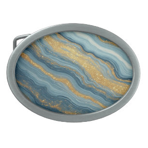 Blue Marble Abstract With Gold Veins Belt Buckle