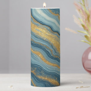 Blue Marble Abstract With Gold Veins Pillar Candle