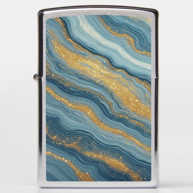 Blue Marble Abstract With Gold Veins Zippo Lighter (Front)