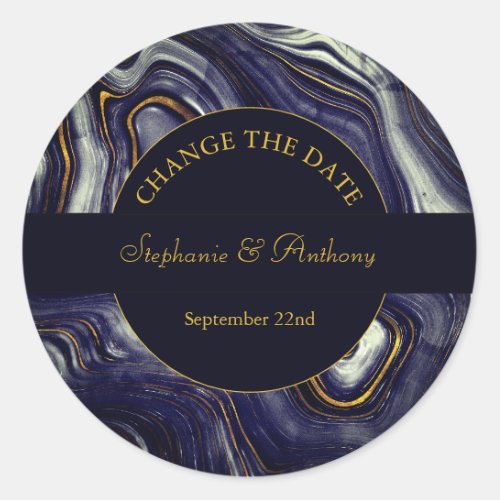 Blue Marble Agate Change the date wedding Classic Round Sticker