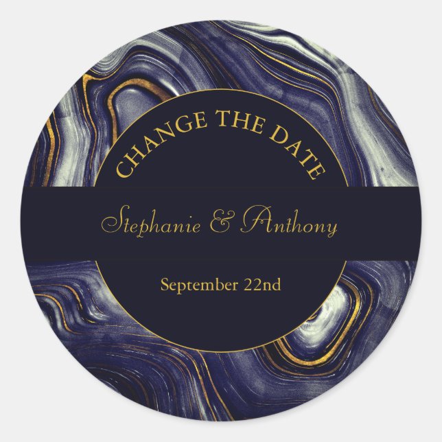 Blue Marble Agate Change the date wedding Classic Round Sticker (Front)