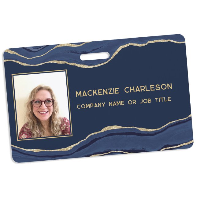 Blue Marble Agate Geode Gold Business Photo ID Badge (Navy blue gold marble agate geode professional business phoro ID name badge)