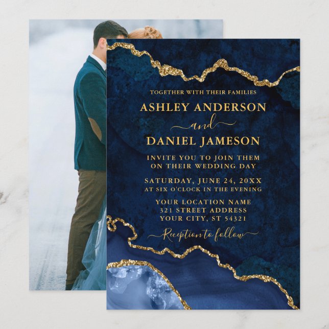 Blue Marble Agate Geode Photo Wedding Gold Invitation (Front/Back)