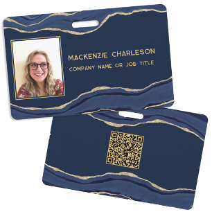 Blue Marble Agate Geode QR Code Photo ID Name Badge