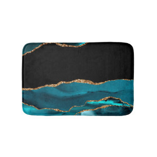 Blue Marble Agate Glamorous Black Golden Glitters Bath Mat
