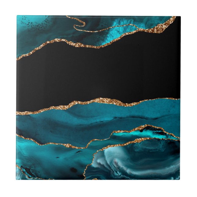 Blue Marble Agate Glamorous Black Golden Glitters Ceramic Tile (Front)