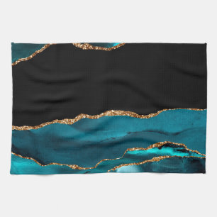 Blue Marble Agate Glamorous Black Golden Glitters Kitchen Towel