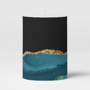 Blue Marble Agate Glamorous Black Golden Glitters Pillar Candle