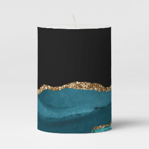 Blue Marble Agate Glamorous Black Golden Glitters Pillar Candle