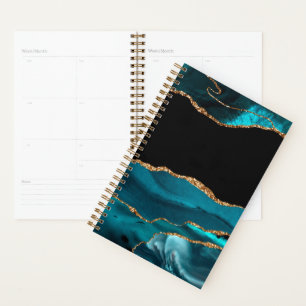 Blue Marble Agate Glamorous Black Golden Glitters Planner