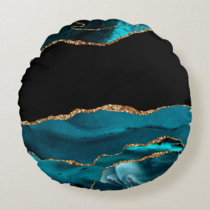Blue Marble Agate Glamorous Black Golden Glitters Round Pillow