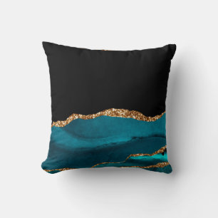 Blue Marble Agate Glamorous Black Golden Glitters Throw Pillow