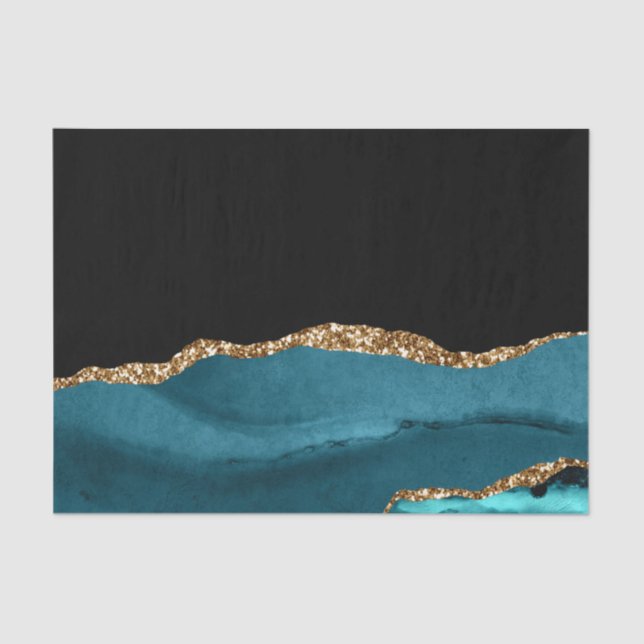 Blue Marble Agate Glamorous Black Golden Glitters Tissue Paper (Front)