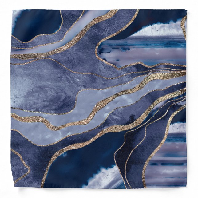 Blue Marble Agate Gold Glitter Glam #1  Bandana (Front)