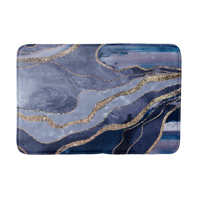 Blue Marble Agate Gold Glitter Glam #1  Bath Mat (Front)