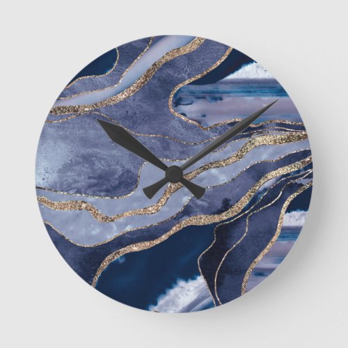 Blue Marble Agate Gold Glitter Glam 1  Round Clock