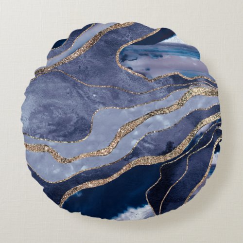Blue Marble Agate Gold Glitter Glam 1  Round Pillow