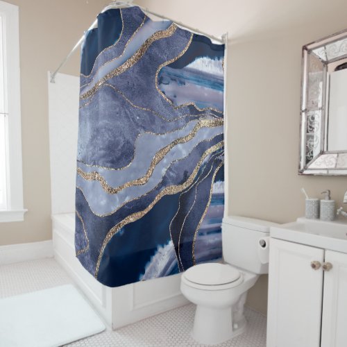 Blue Marble Agate Gold Glitter Glam 1  Shower Curtain