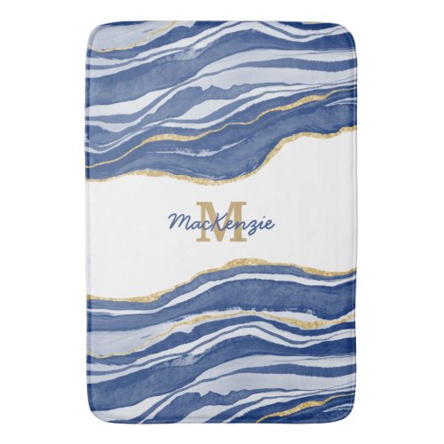 Blue Marble Agate Gold Glitter Monogram Bath Mat