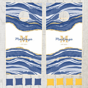 Blue Marble Agate Gold Glitter Monogram Cornhole Set