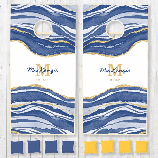 Blue Marble Agate Gold Glitter Monogram Cornhole Set (Family name monogram initials established date agate geode watercolor blue white cornhole set)