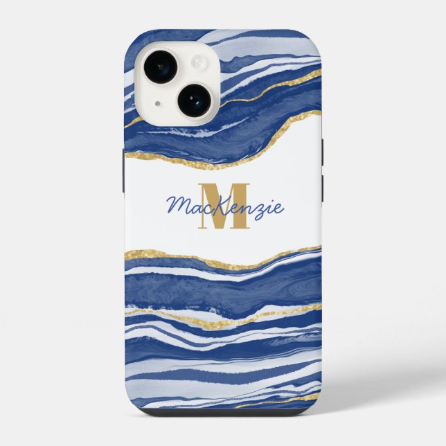 Blue Marble Agate Gold Glitter Monogram Name Iphone Case (Back)