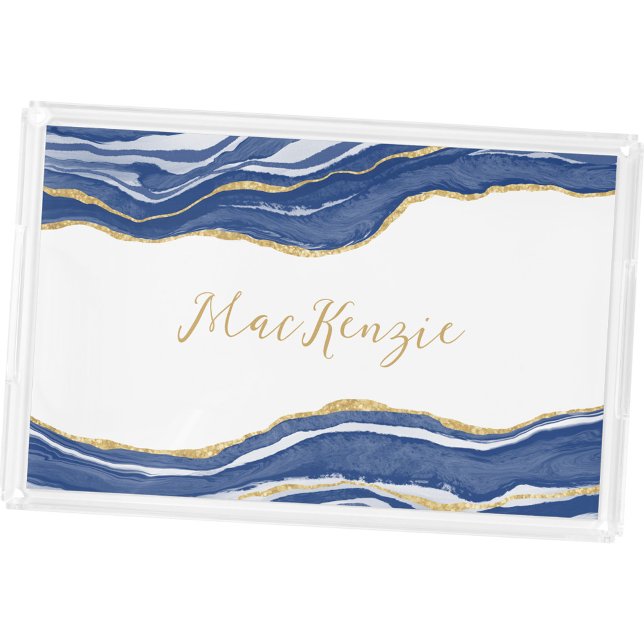 Blue Marble Agate Gold Glitter Personalized Acrylic Tray (Agate marble blue and white personalized script name acrylic tray)