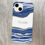 Blue Marble Agate Gold Glitter Personalized Case-Mate iPhone 14 Case<br><div class="desc">Indigo blue watercolor agate marble design with faux gold glitter detail.  Change the name to customize.</div>