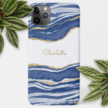 Blue Marble Agate Gold Glitter Personalized iPhone 15 Plus Case<br><div class="desc">Indigo blue watercolor agate marble design with faux gold glitter detail.  Change the name to customize.</div>