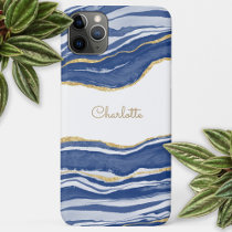 Blue Marble Agate Gold Glitter Personalized iPhone 15 Plus Case