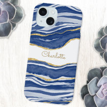 Blue Marble Agate Gold Glitter Personalized iPhone 15 Case