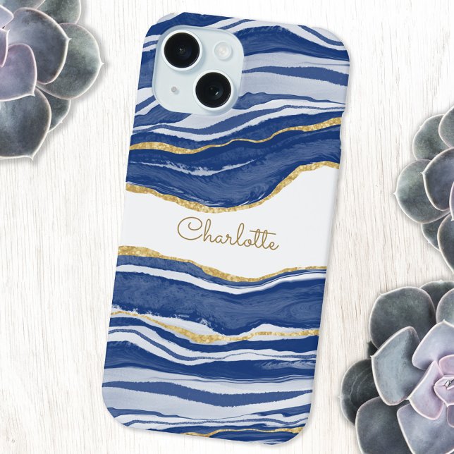 Blue Marble Agate Gold Glitter Personalized iPhone 15 Case (Navy indigo blue watercolor agate marble with faux gold glitter detail. Personalized name phone case)