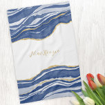 Blue Marble Agate Gold Glitter Personalized Kitchen Towel<br><div class="desc">Elegant navy blue agate marble design with faux gold glitter. Change the name to customize.</div>