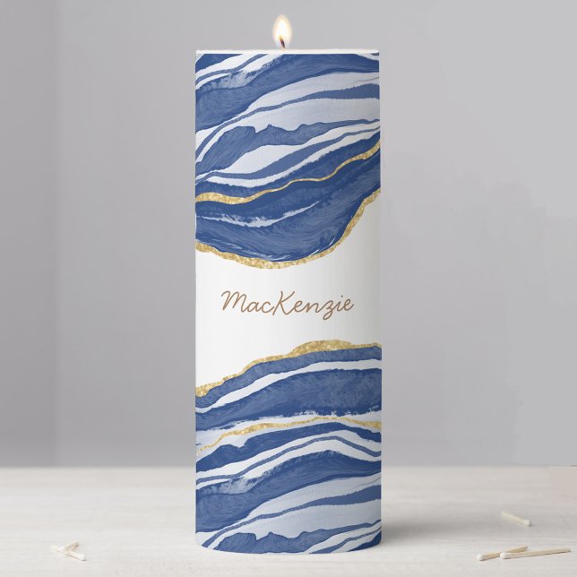 Blue Marble Agate Gold Glitter Personalized Pillar Candle (Watercolor marble agate blue and white personalized custom name pillar candle)