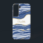 Blue Marble Agate Gold Glitter Personalized Samsung Galaxy S22 Case<br><div class="desc">Indigo blue watercolor agate marble design with faux gold glitter detail.  Change the name to customize.</div>