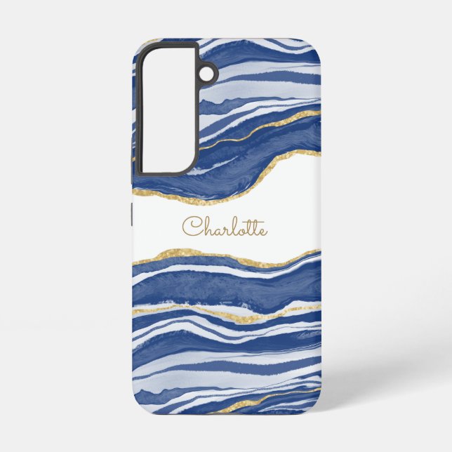 Blue Marble Agate Gold Glitter Personalized Samsung Galaxy Case (Back)