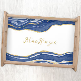 Blue Marble Agate Gold Glitter Personalized Serving Tray
