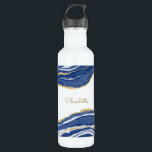 Blue Marble Agate Gold Glitter Personalized Stainless Steel Water Bottle<br><div class="desc">Indigo blue watercolor agate marble design with faux gold glitter detail.  Change the name to customize.</div>